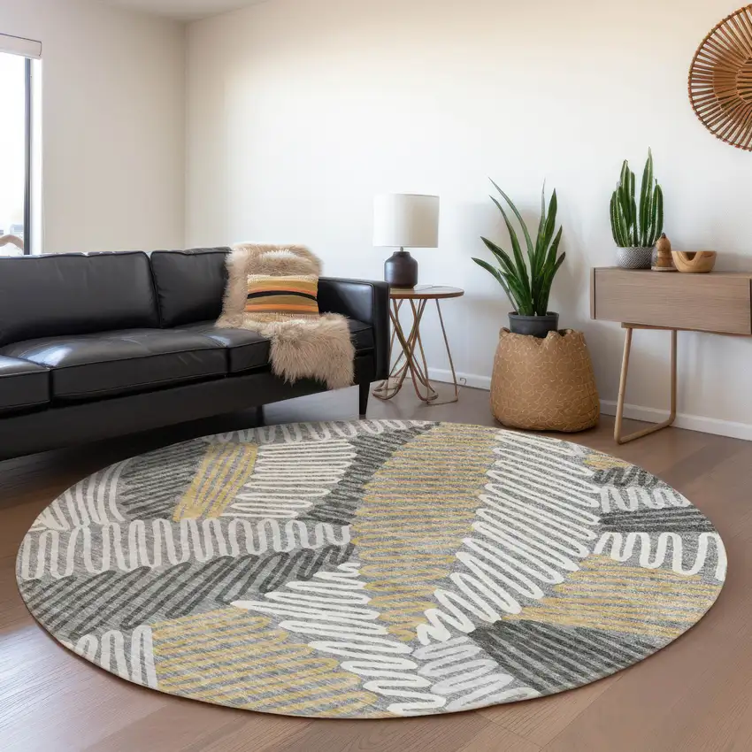 8' Gray Gold And Ivory Floral Washable Round Rug With UV Protection Photo 5