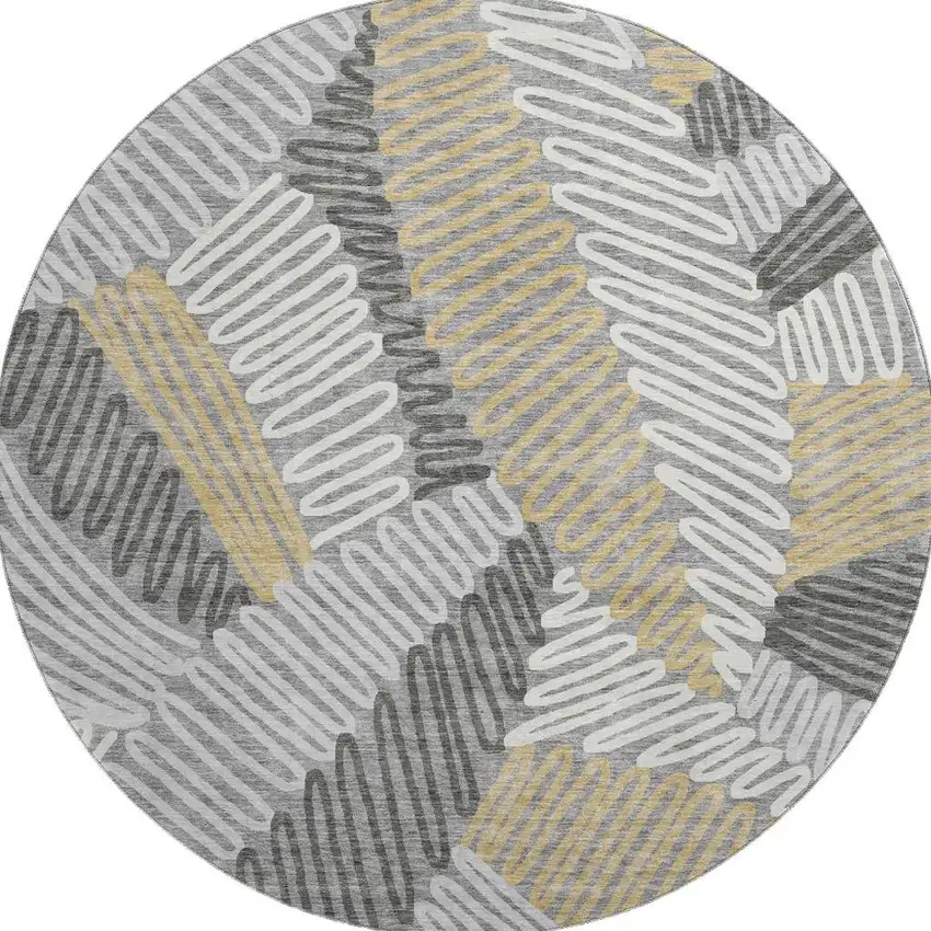 8' Gray Gold And Ivory Floral Washable Round Rug With UV Protection Photo 4