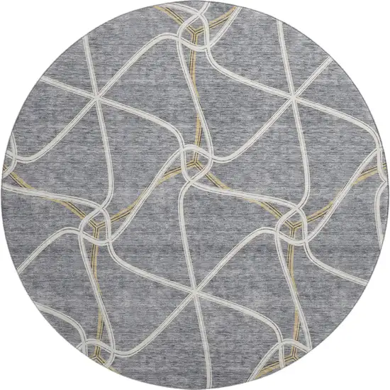 8' Gray Gold And Ivory Geometric Washable Round Rug With UV Protection Photo 1