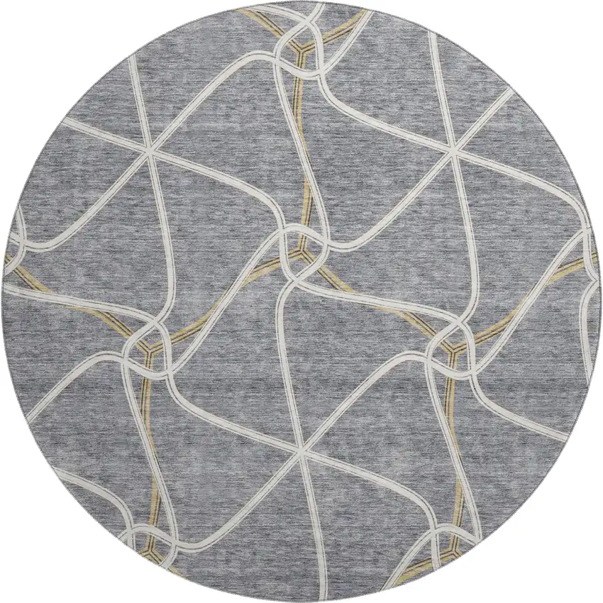 8' Gray Gold And Ivory Geometric Washable Round Rug With UV Protection Photo 1
