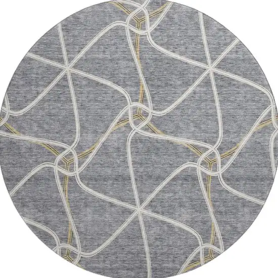 8' Gray Gold And Ivory Geometric Washable Round Rug With UV Protection Photo 2