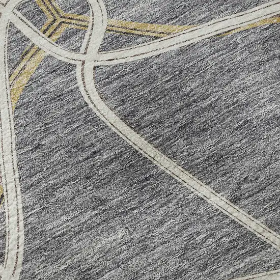 8' Gray Gold And Ivory Geometric Washable Round Rug With UV Protection Photo 8