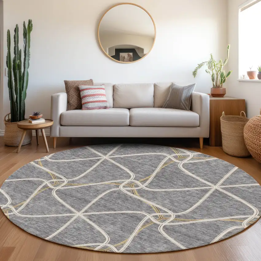 8' Gray Gold And Ivory Geometric Washable Round Rug With UV Protection Photo 4