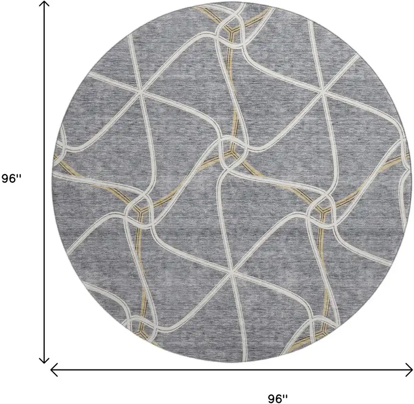 8' Gray Gold And Ivory Geometric Washable Round Rug With UV Protection Photo 9