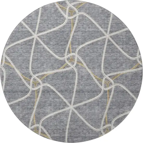 8' Gray Gold And Ivory Geometric Washable Round Rug With UV Protection Photo 3