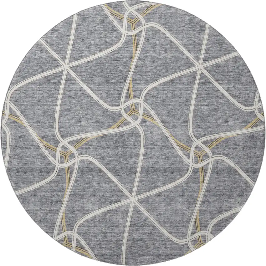 8' Gray Gold And Ivory Geometric Washable Round Rug With UV Protection Photo 3