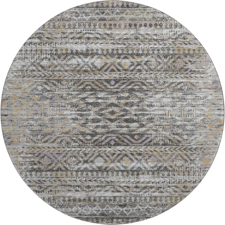 8' Gray Gold And Ivory Moroccan Washable Round Rug With UV Protection Photo 1