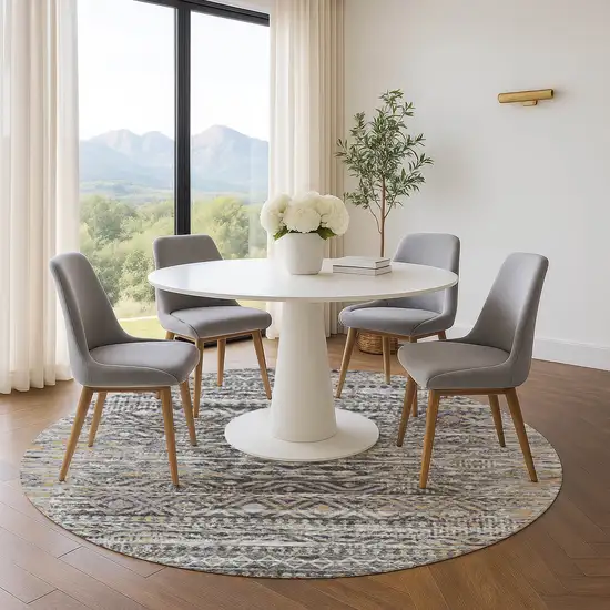 8' Gray Gold And Ivory Moroccan Washable Round Rug With UV Protection Photo 4