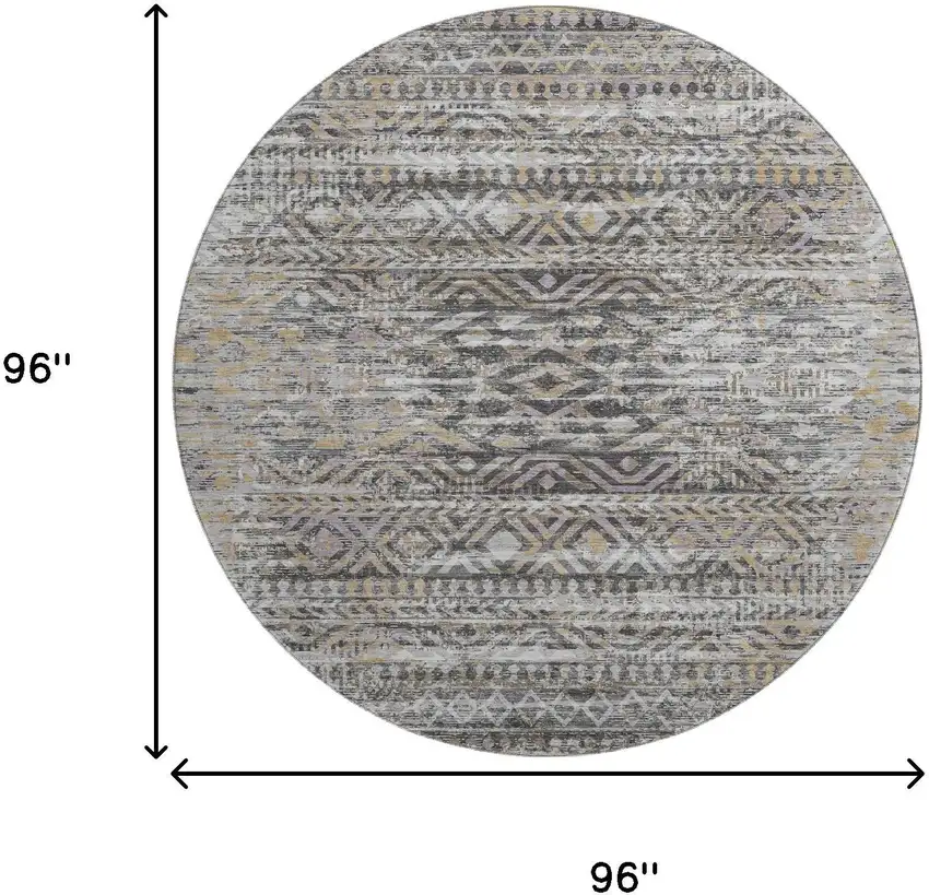 8' Gray Gold And Ivory Moroccan Washable Round Rug With UV Protection Photo 9