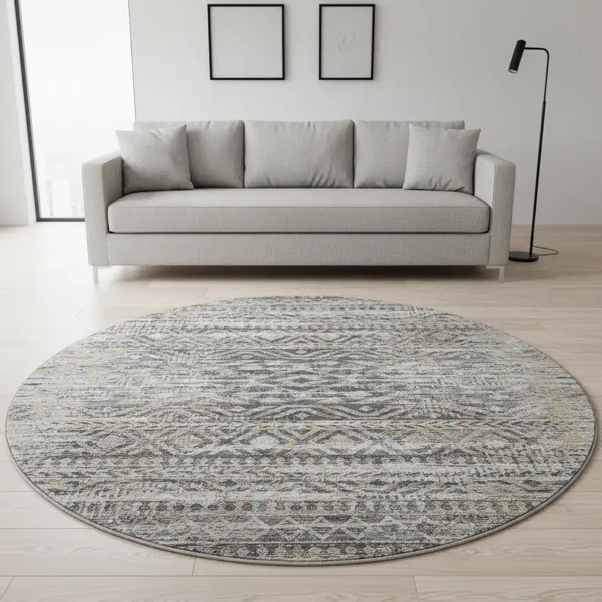 8' Gray Gold And Ivory Moroccan Washable Round Rug With UV Protection Photo 2