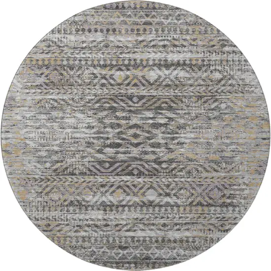 8' Gray Gold And Ivory Moroccan Washable Round Rug With UV Protection Photo 3