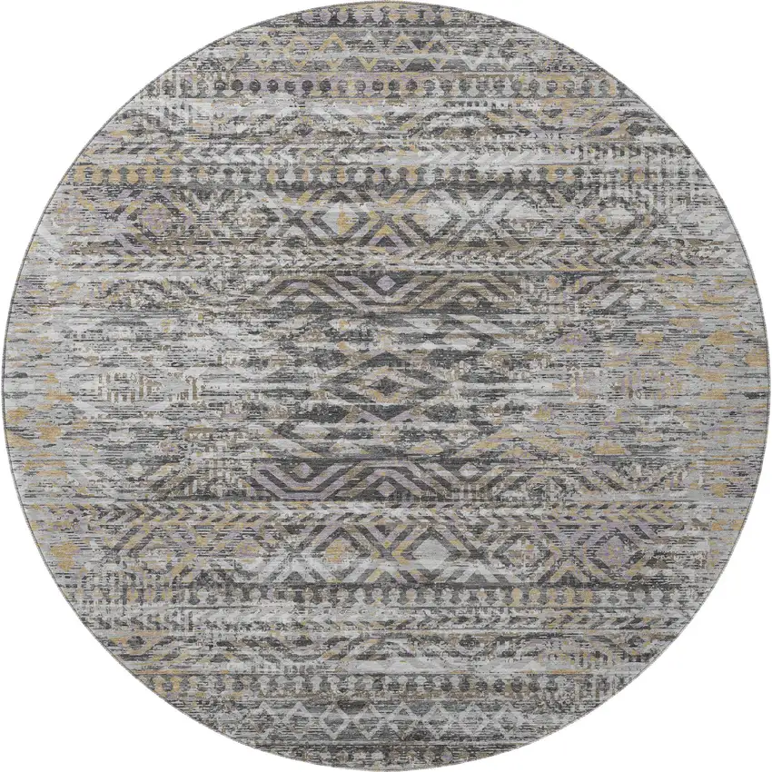 8' Gray Gold And Ivory Moroccan Washable Round Rug With UV Protection Photo 3