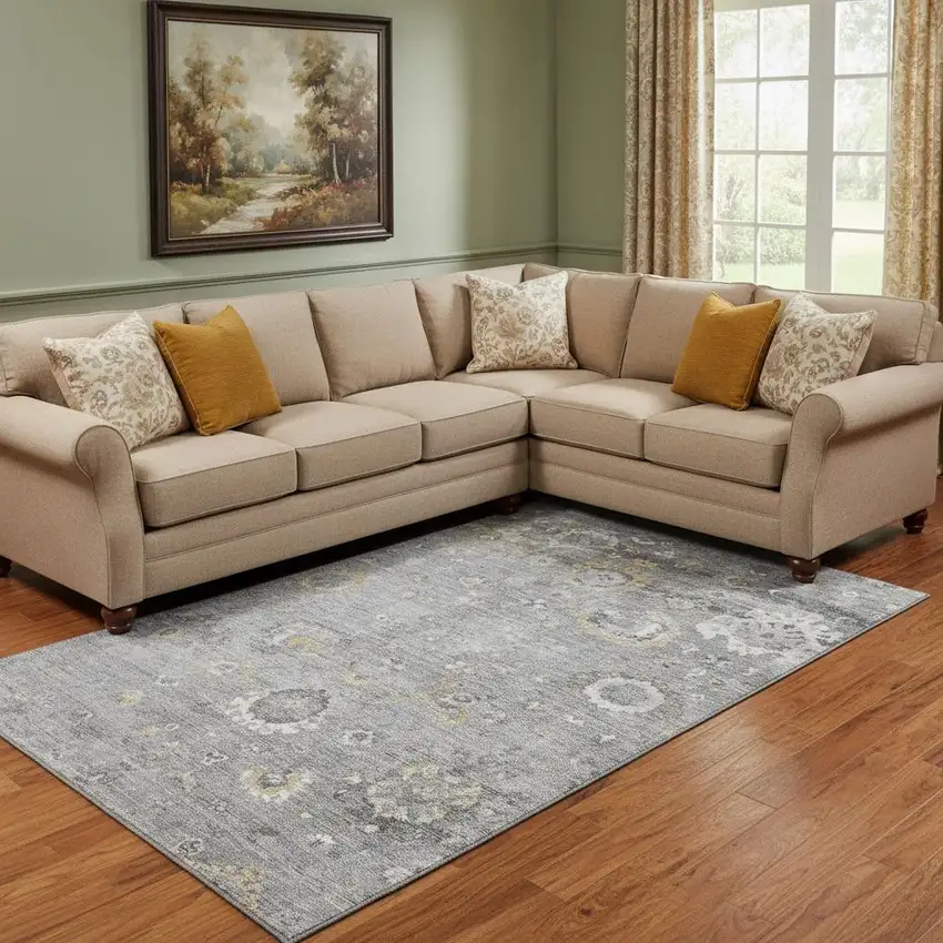 8' Gray Gold And Ivory Oriental Washable Area Rug With UV Protection Photo 2