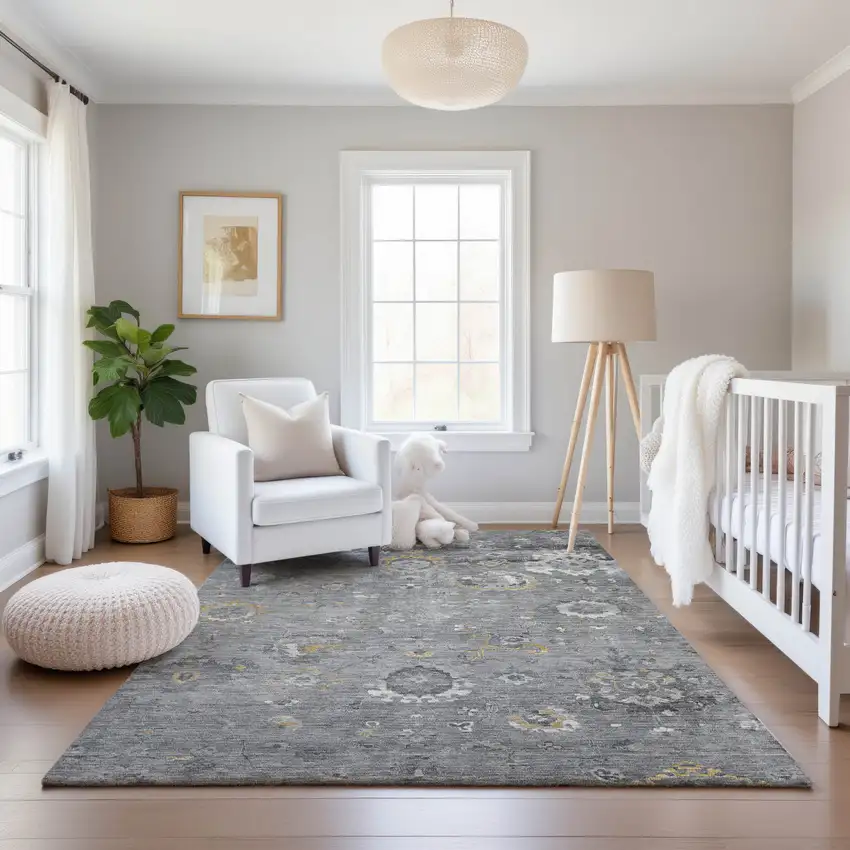 8' Gray Gold And Ivory Oriental Washable Area Rug With UV Protection Photo 5