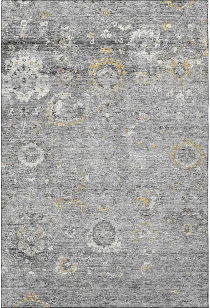 8' Gray Gold And Ivory Oriental Washable Area Rug With UV Protection Photo 3