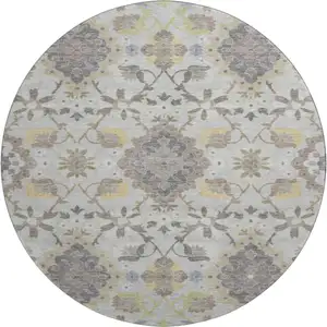 Photo of 8' Gray Gold And Ivory Oriental Washable Round Rug With UV Protection