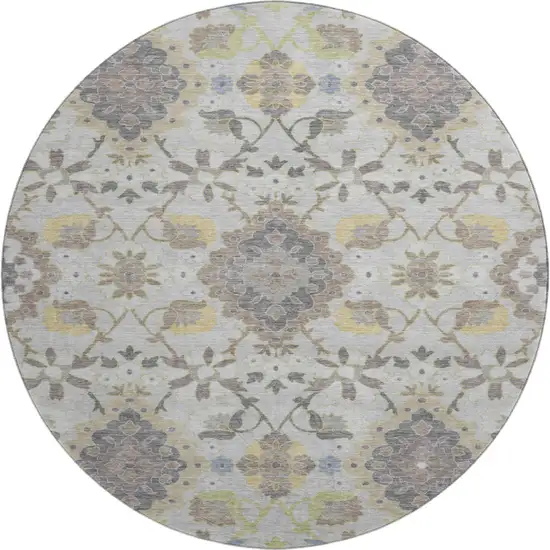 8' Gray Gold And Ivory Oriental Washable Round Rug With UV Protection Photo 1