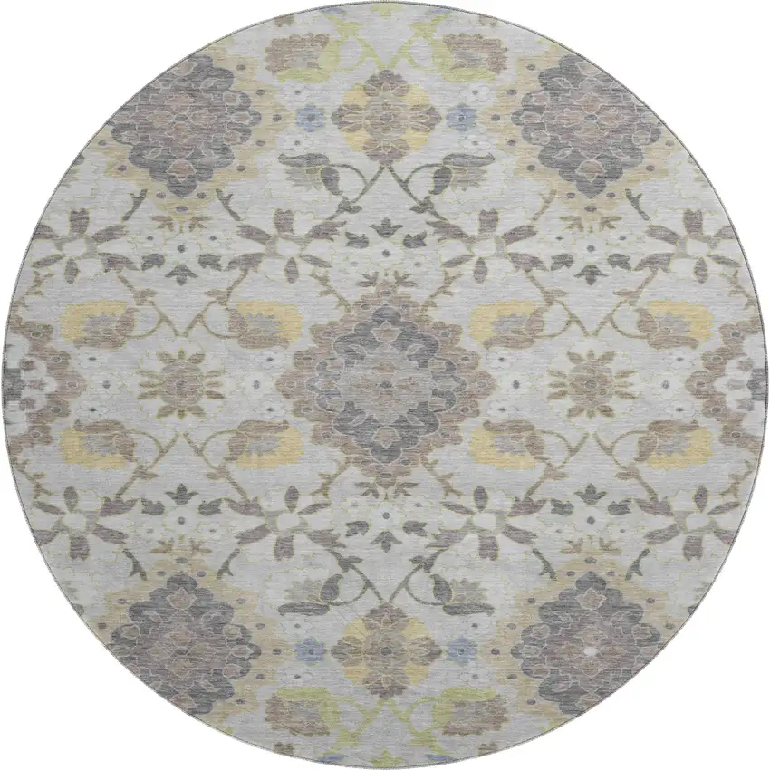 8' Gray Gold And Ivory Oriental Washable Round Rug With UV Protection Photo 1