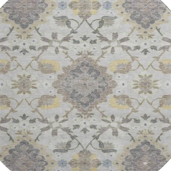 8' Gray Gold And Ivory Oriental Washable Round Rug With UV Protection Photo 2
