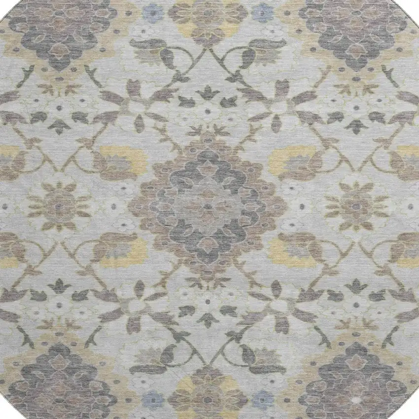 8' Gray Gold And Ivory Oriental Washable Round Rug With UV Protection Photo 2