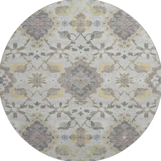 8' Gray Gold And Ivory Oriental Washable Round Rug With UV Protection Photo 4