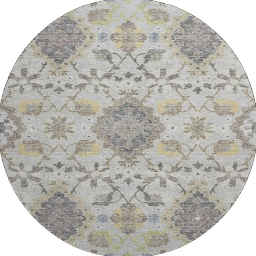 8' Gray Gold And Ivory Oriental Washable Round Rug With UV Protection Photo 4