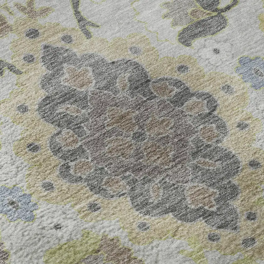 8' Gray Gold And Ivory Oriental Washable Round Rug With UV Protection Photo 8