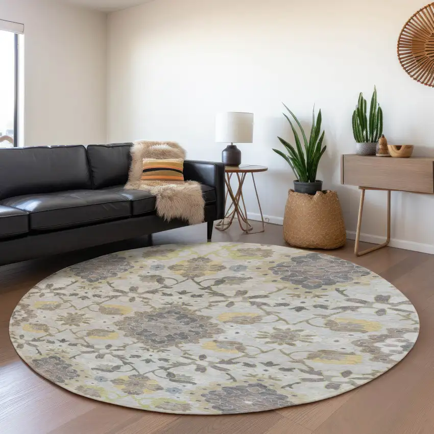 8' Gray Gold And Ivory Oriental Washable Round Rug With UV Protection Photo 4