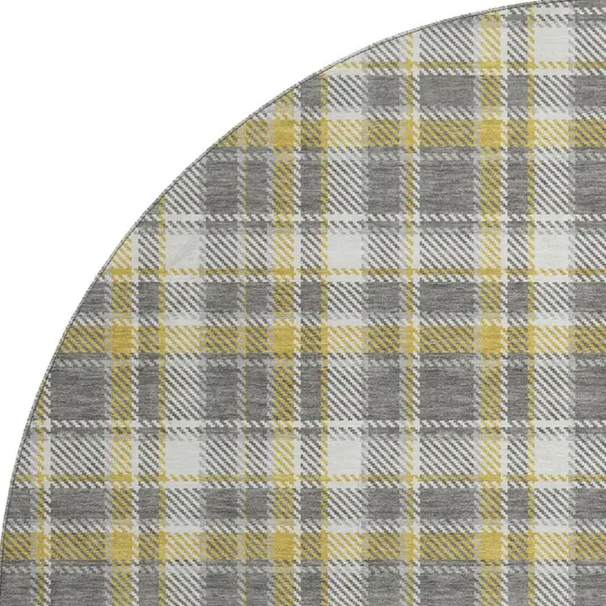 8' Gray Gold And Ivory Plaid Washable Round Rug With UV Protection Photo 2