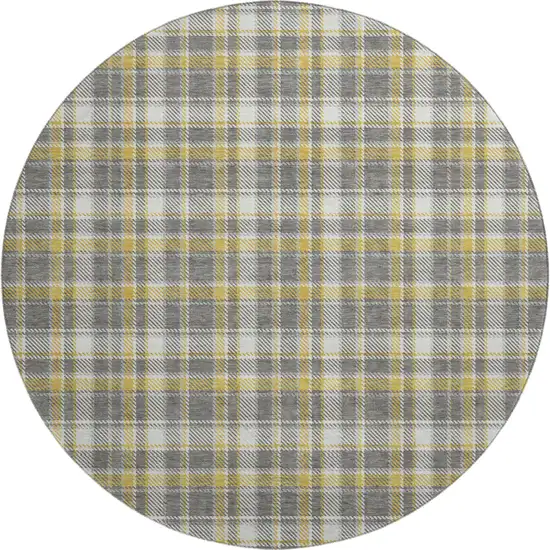 8' Gray Gold And Ivory Plaid Washable Round Rug With UV Protection Photo 1