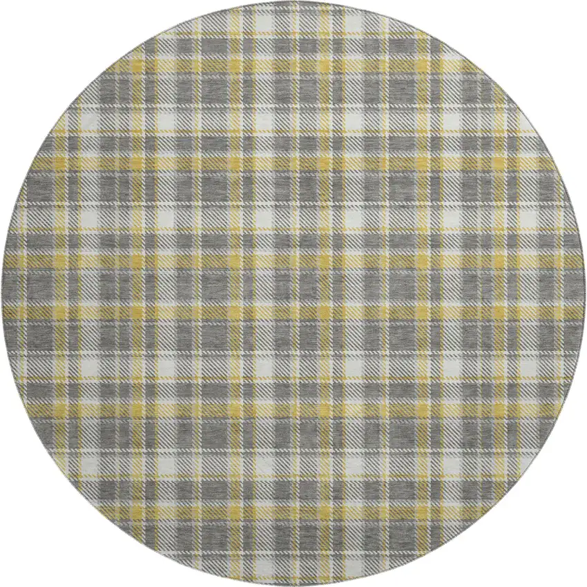 8' Gray Gold And Ivory Plaid Washable Round Rug With UV Protection Photo 1