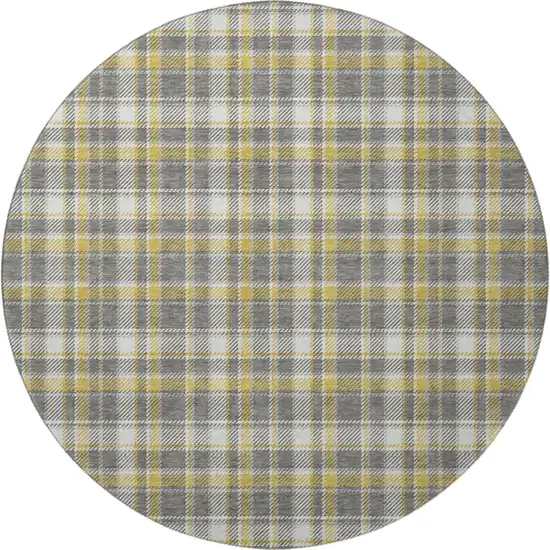 8' Gray Gold And Ivory Plaid Washable Round Rug With UV Protection Photo 3