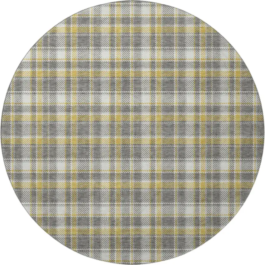8' Gray Gold And Ivory Plaid Washable Round Rug With UV Protection Photo 3