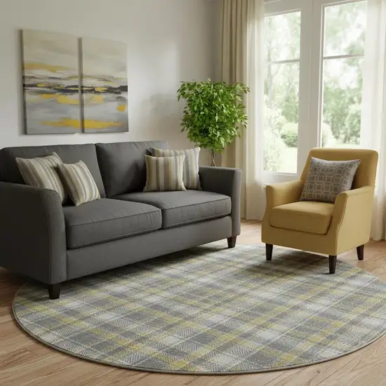 8' Gray Gold And Ivory Plaid Washable Round Rug With UV Protection Photo 1