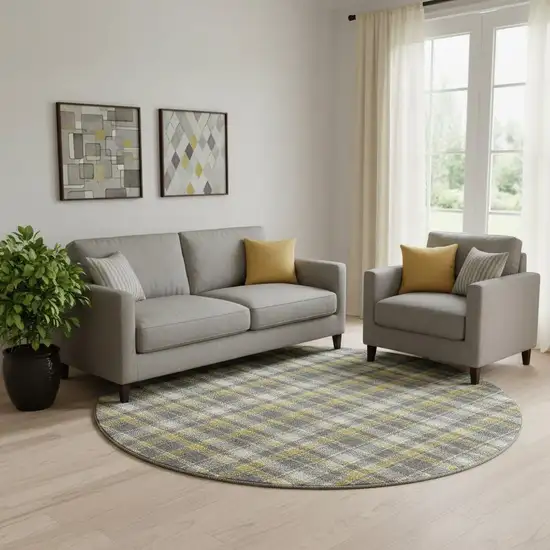 8' Gray Gold And Ivory Plaid Washable Round Rug With UV Protection Photo 5