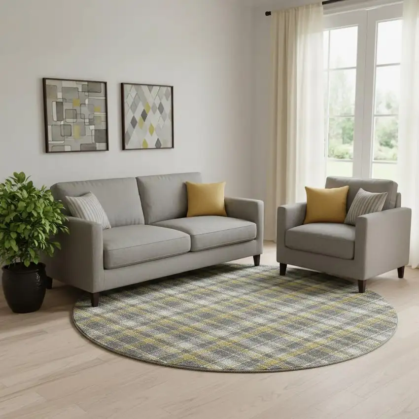 8' Gray Gold And Ivory Plaid Washable Round Rug With UV Protection Photo 5