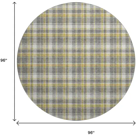 8' Gray Gold And Ivory Plaid Washable Round Rug With UV Protection Photo 9