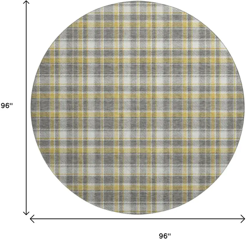 8' Gray Gold And Ivory Plaid Washable Round Rug With UV Protection Photo 9