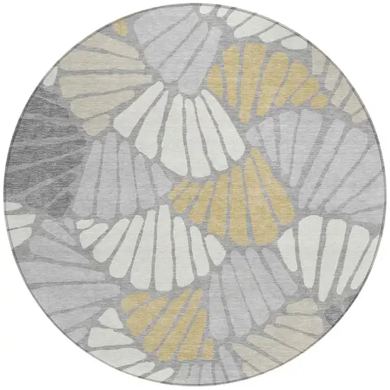 8' Gray Gold And Ivory Round Floral Washable Indoor Outdoor Area Rug Photo 2