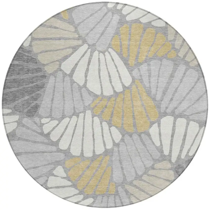 8' Gray Gold And Ivory Round Floral Washable Indoor Outdoor Area Rug Photo 2