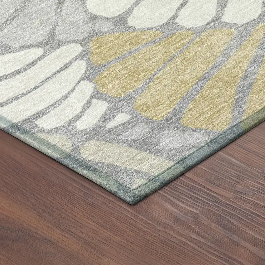 8' Gray Gold And Ivory Round Floral Washable Indoor Outdoor Area Rug Photo 8