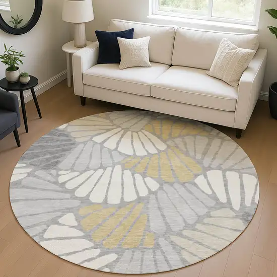 8' Gray Gold And Ivory Round Floral Washable Indoor Outdoor Area Rug Photo 5