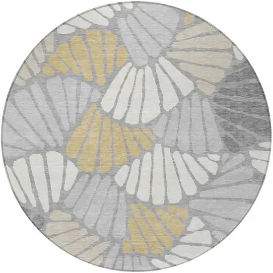 8' Gray Gold And Ivory Round Floral Washable Indoor Outdoor Area Rug Photo 3