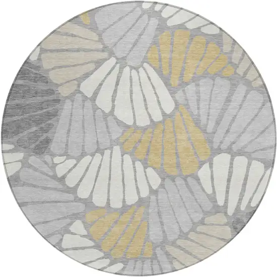 8' Gray Gold And Ivory Round Floral Washable Indoor Outdoor Area Rug Photo 1