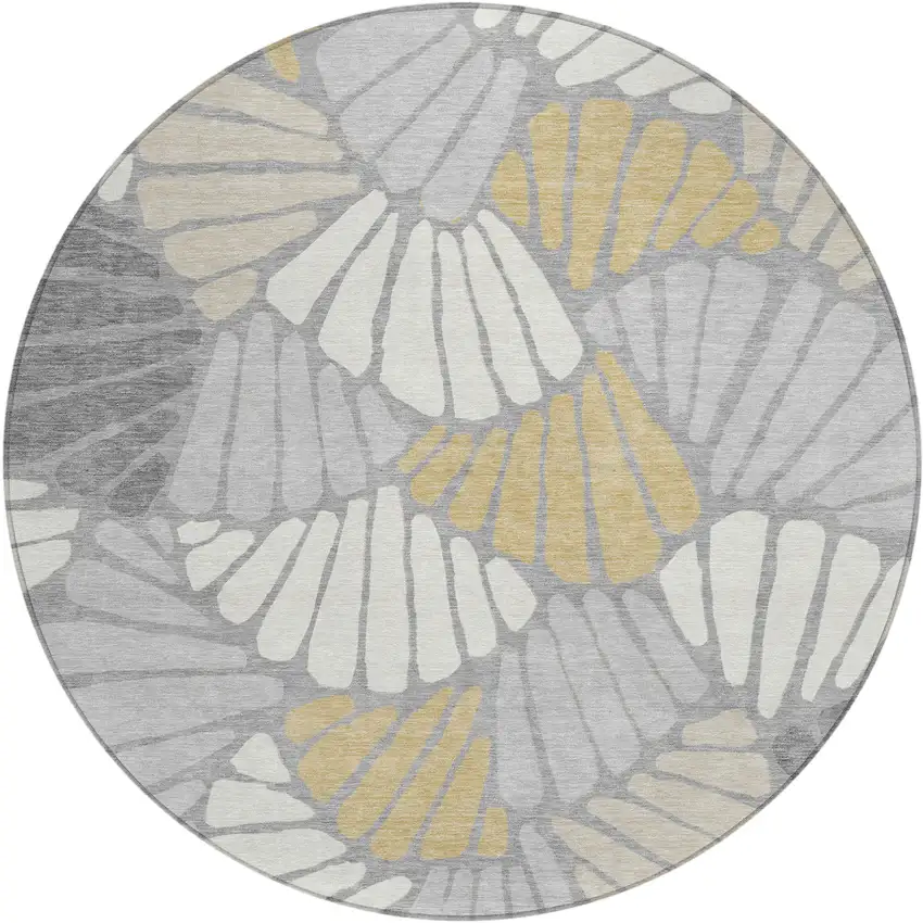 8' Gray Gold And Ivory Round Floral Washable Indoor Outdoor Area Rug Photo 1