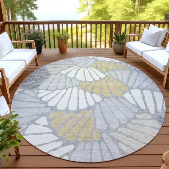 8' Gray Gold And Ivory Round Floral Washable Indoor Outdoor Area Rug Photo 4