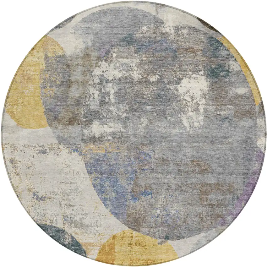 8' Gray Gold And Ivory Round Geometric Washable Indoor Outdoor Area Rug Photo 1