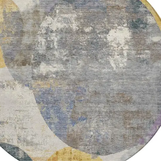 8' Gray Gold And Ivory Round Geometric Washable Indoor Outdoor Area Rug Photo 2