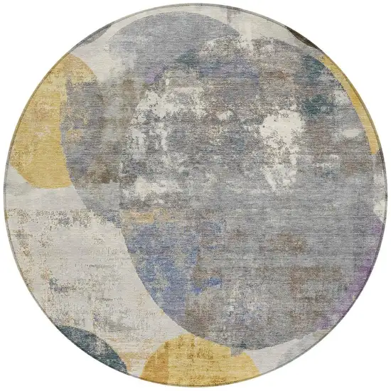 8' Gray Gold And Ivory Round Geometric Washable Indoor Outdoor Area Rug Photo 3