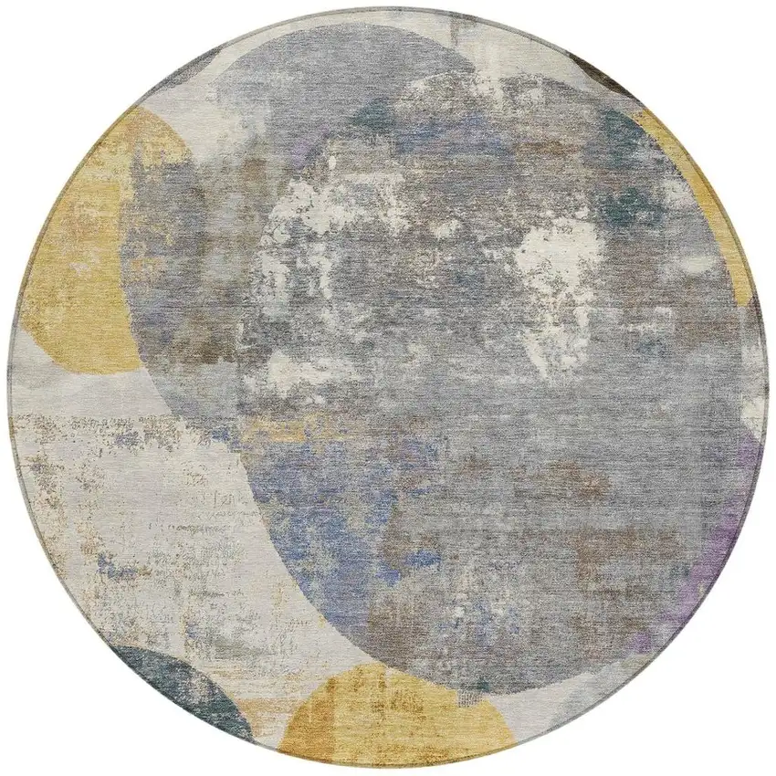 8' Gray Gold And Ivory Round Geometric Washable Indoor Outdoor Area Rug Photo 3